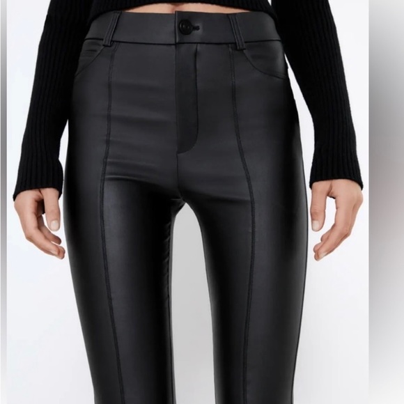 NWT ZARA Black Waxed Coated High Waist Leggings Trousers Size S Bloggers Fav. 1 - Picture 2 of 5